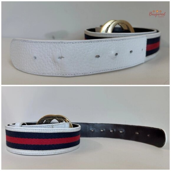 Authentic Gucci Web Canvas White Leather Gold Interlocking G Buckle Belt 85/34 - Picture 11 of 14